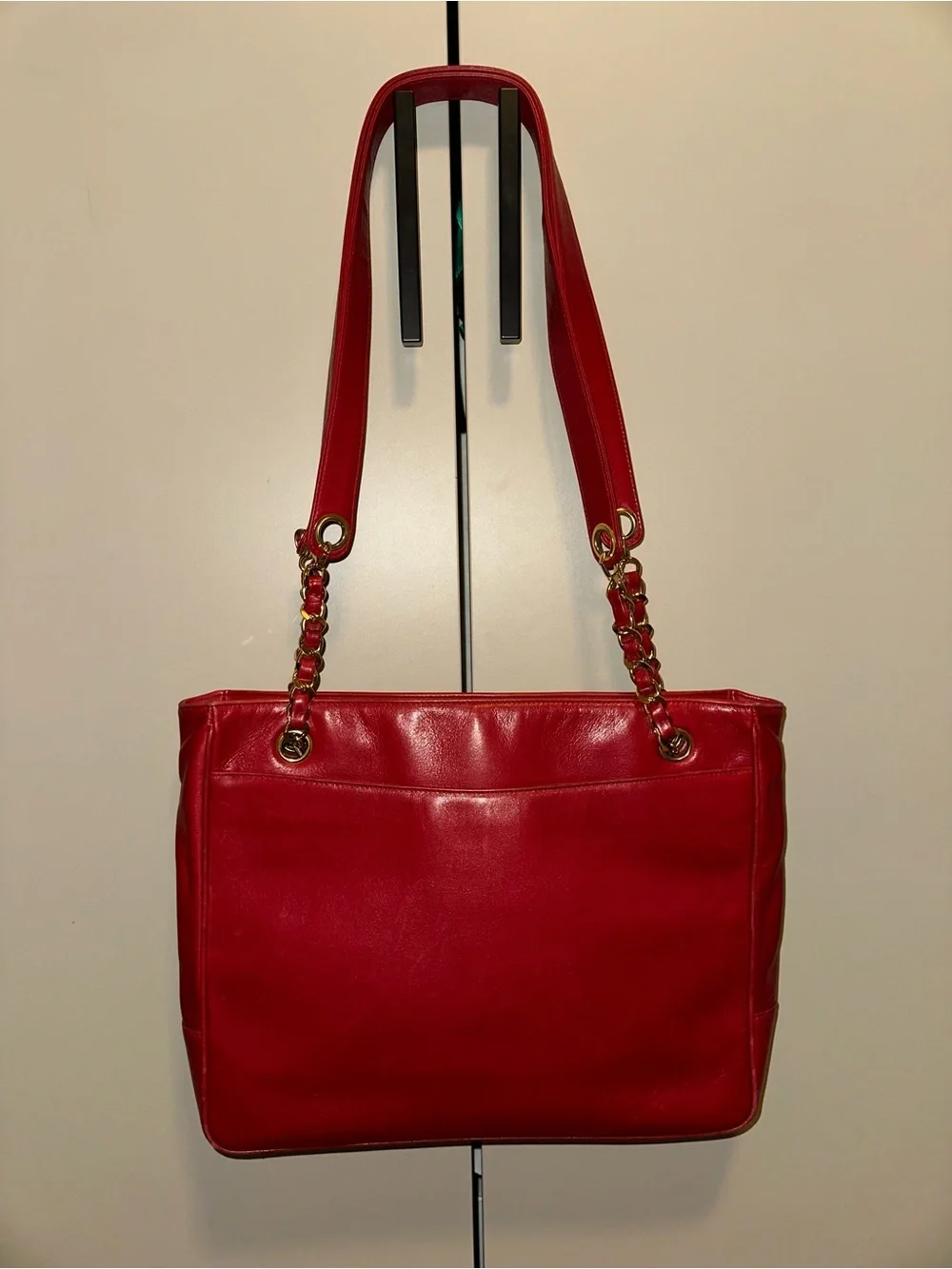 Chanel 90’s Red CC Lambskin Tote with Gold Chain-Detail Straps